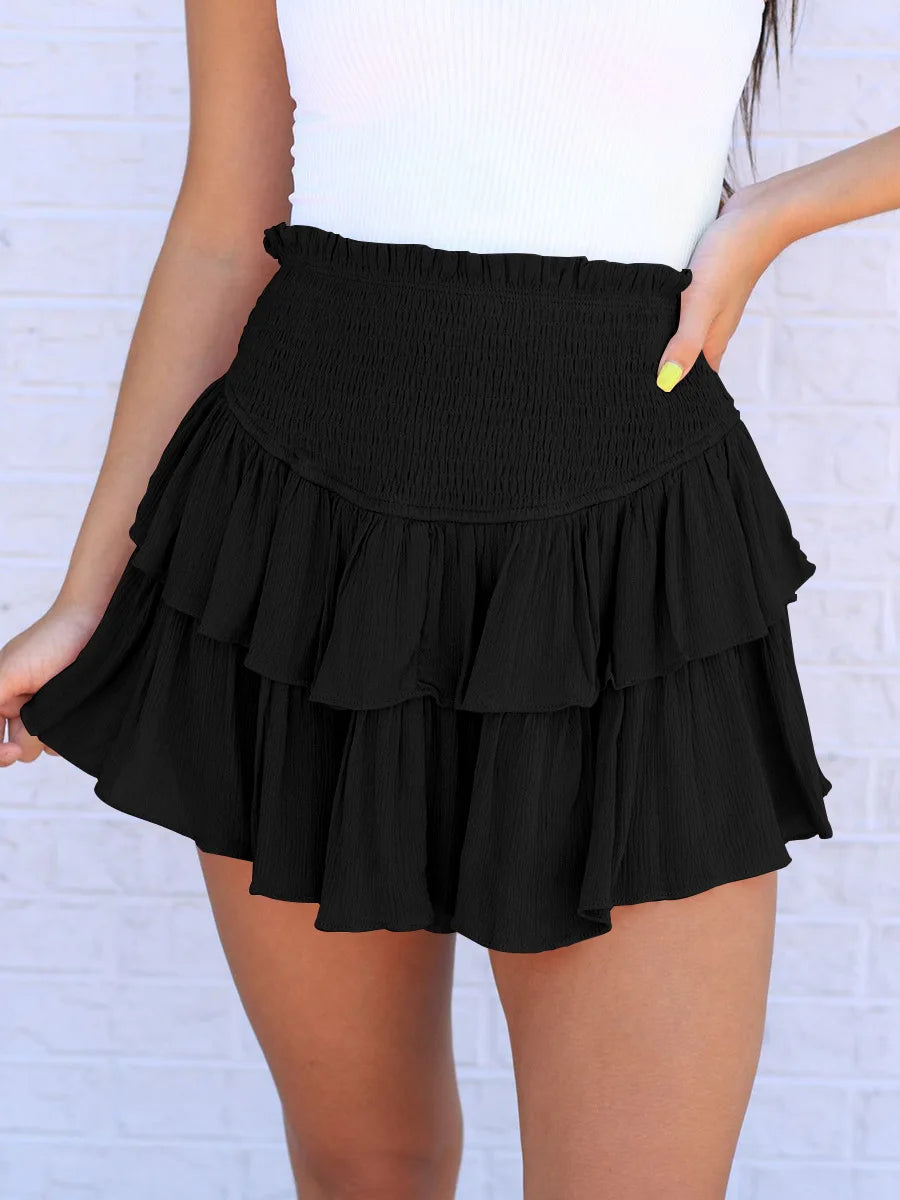 Women's High Waist Ruffle Pleated Mini Skirts Solid Lined Layered Flared Flowy Casual Swing Summer Boho Beach Mini Short Skirt