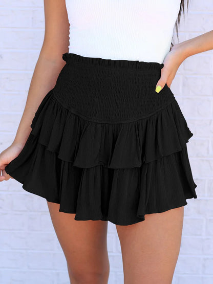 Women's High Waist Ruffle Pleated Mini Skirts Solid Lined Layered Flared Flowy Casual Swing Summer Boho Beach Mini Short Skirt