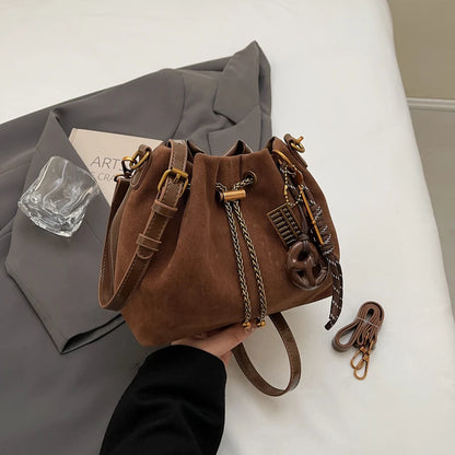 Women Vintage One Shoulder Bag Frosted Solid Drawstring Soft All-Match Bucket Bags High-Grade Versatile Commute Crossbody Packs
