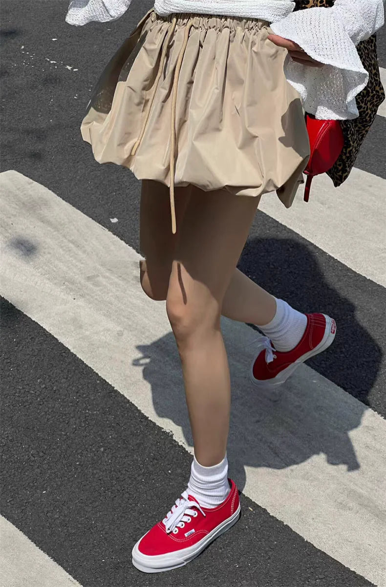 Ropa Skirts for Women 2025 Mini Black White Korean Style Jupe Faldas Mujer Elastic Waist Retro Khaki Drawstring Flower Bud Skirt