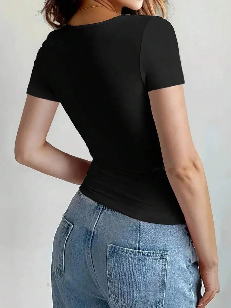 Summer Women's Tops Causal Basic T-Shirts Scoop Neck Short Sleeved Crop Tops Cute Slim Fit Tees Pullovers Clothing Y2K 2025 New