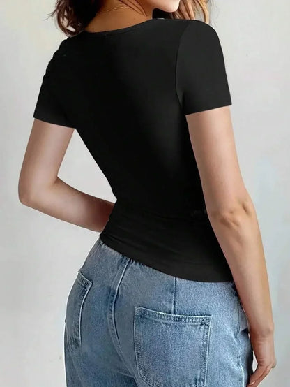 Summer Women's Tops Causal Basic T-Shirts Scoop Neck Short Sleeved Crop Tops Cute Slim Fit Tees Pullovers Clothing Y2K 2025 New