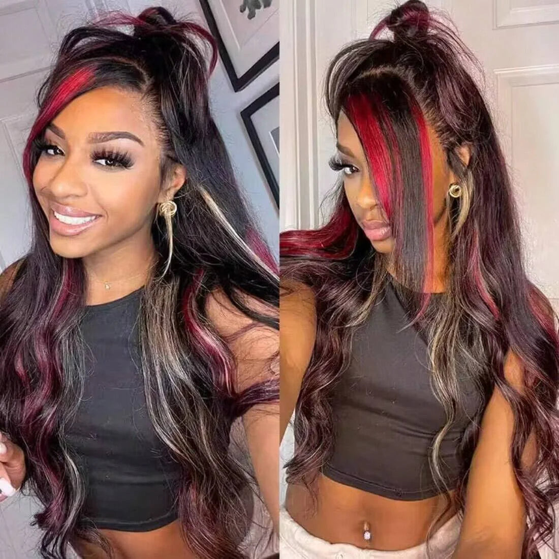 Highlight 5x5 Glueless Wigs Human Hair Pre Plucked Pre Cut Black Hair With Red blonde highlight Body Wave Wigs Human Hair 200%