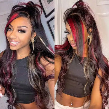 Highlight 5x5 Glueless Wigs Human Hair Pre Plucked Pre Cut Black Hair With Red blonde highlight Body Wave Wigs Human Hair 200%