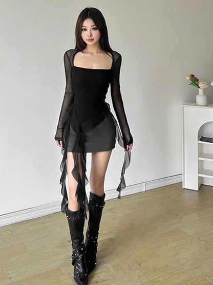 Sexy Women's Tops Fashion White Black Irregular Ribbon T-shirts for Women Long Sleeve Ruffles Slim Punk Tops Female Clothing Y2k