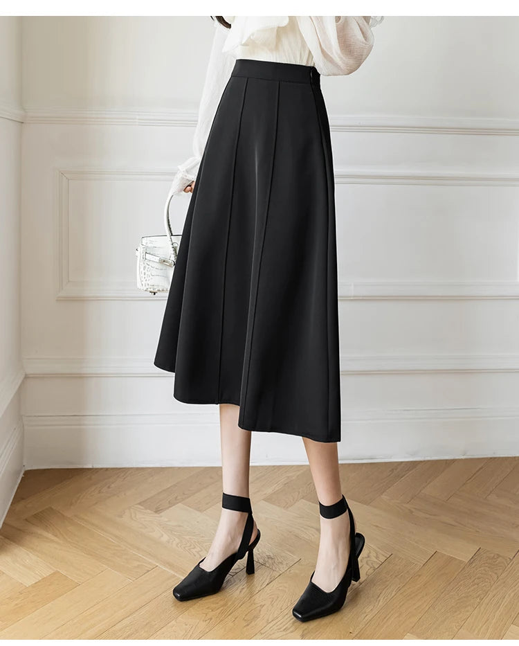 Women's Skirt 2025 Spring Women High Waist Solid Vintage Girl's Waist Down Skirt Knee-length A-line Fashion Thin Skirt for Women