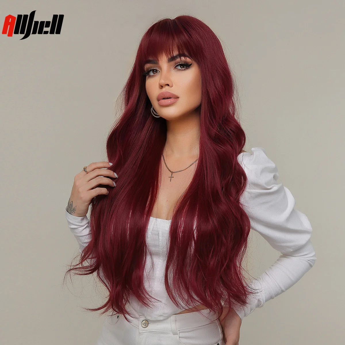 Long Wavy Wine Red Synthetic Wigs Natural Wave Afro Wigs With Bangs for Black Women Cosplay Costume Wig Heat Resistant Fiber