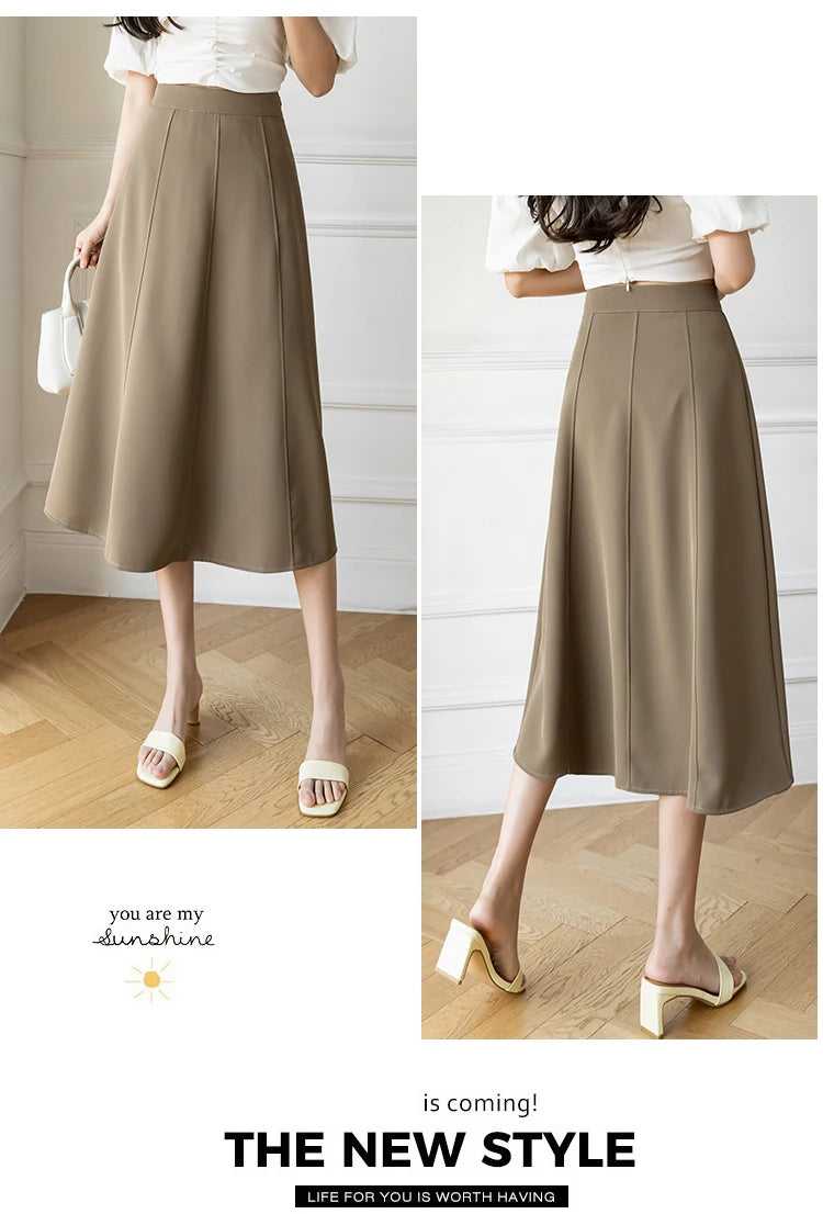 Women's Skirt 2025 Spring Women High Waist Solid Vintage Girl's Waist Down Skirt Knee-length A-line Fashion Thin Skirt for Women