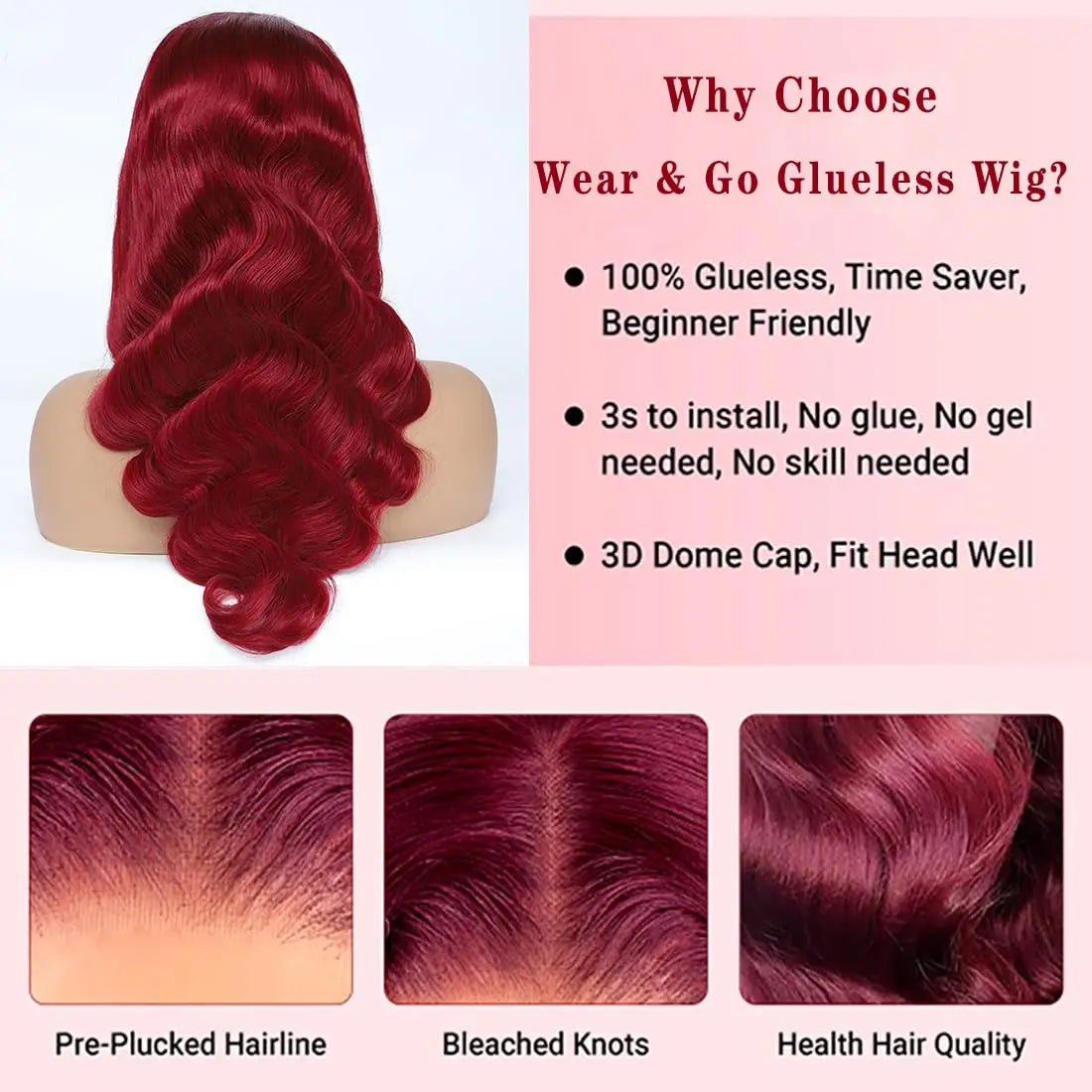 FABA Glueless Wigs Human Hair 7x5 Wear and Go Glueless Wig Pre Plucked  with Natural Hairline Burgundy Body Wave Wigs For Women