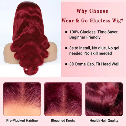 FABA Glueless Wigs Human Hair 7x5 Wear and Go Glueless Wig Pre Plucked  with Natural Hairline Burgundy Body Wave Wigs For Women