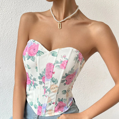 Women Floral Top Sexy Spicy Girl Tank Top Low cut Open Back Flower Wrapped Chest Diamond Fish Bone Strap Waist Vest Tank Top