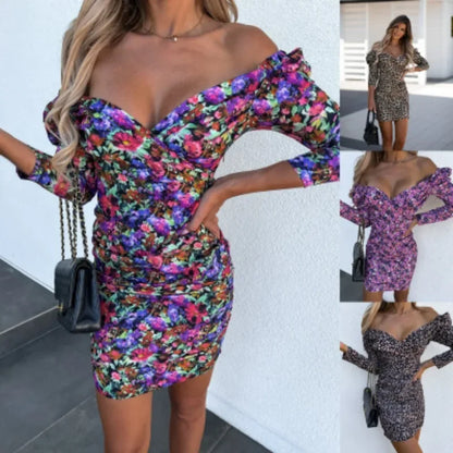 Women's Dress  Women's Casual Fashion Dress Off Shoulder V-neck Long Sleeved Floral Print Dress Summer Dress