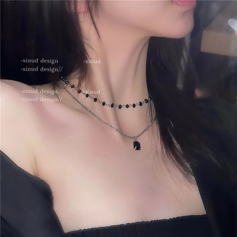 Shiny Black Chokers Necklaces for Women 2022 Trend Double Layer Beaded Chain Geometry Charm Necklace Jewelry