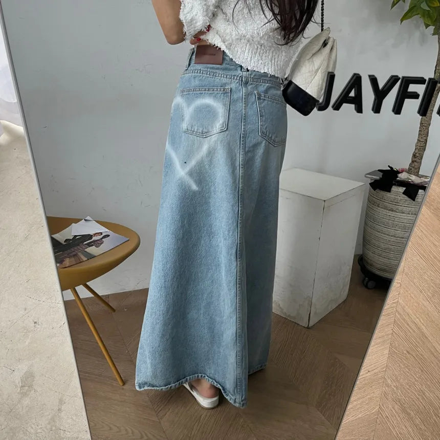 Long Denim Skirt Women 2024 Summer New Arrivals Heart Pattern High Waist A Line Jean Skirt For Women Streetwear Maxi Skirts