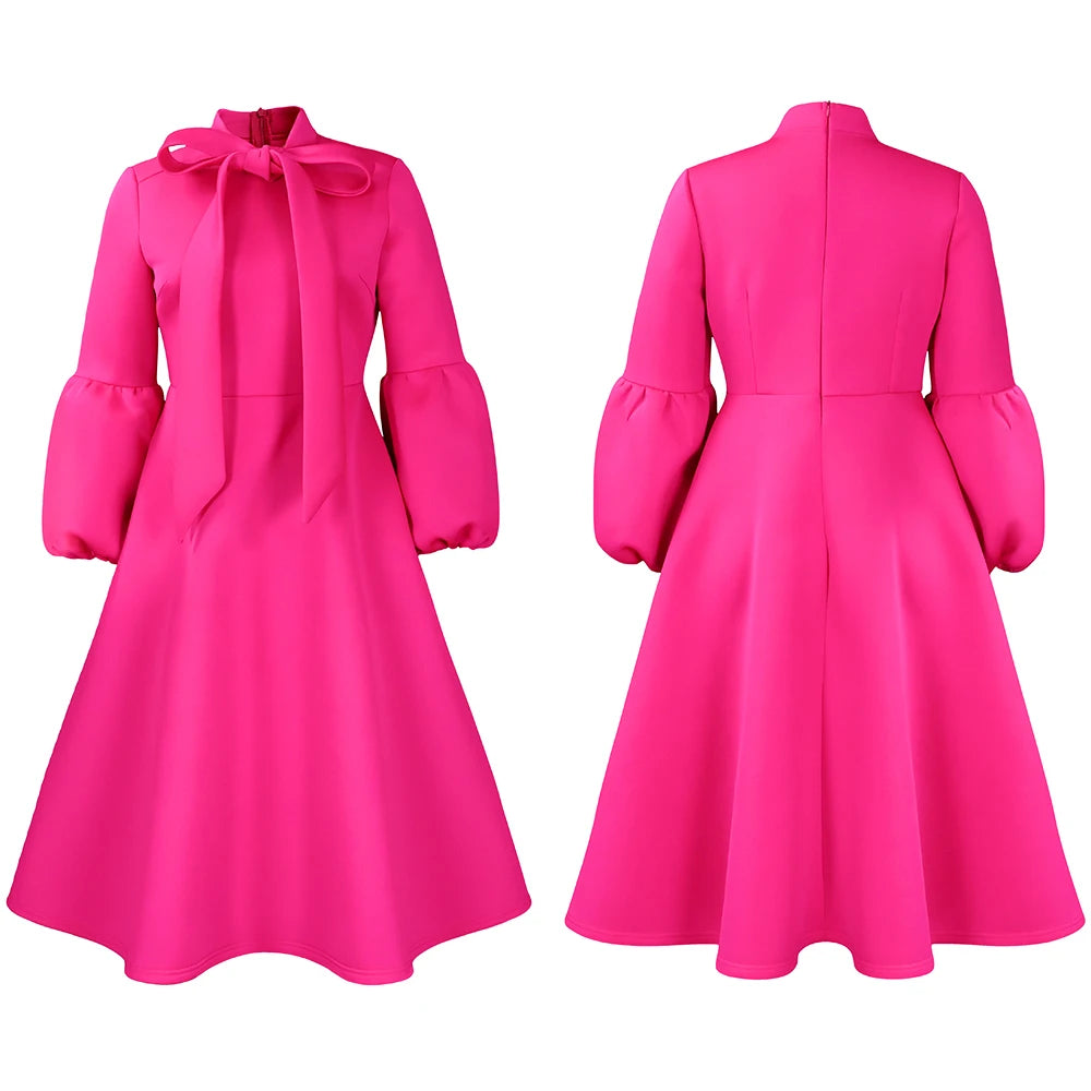 Elegant Dresses for Women Bow Collar Full Sleeve High Waisted A Line Mid Calf Luxury Female Birthday Party Dinner Vestidos Mujer