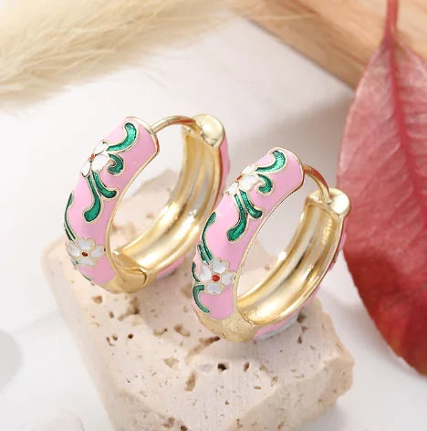 New Fashionable Colorful Round Earrings Retro Metal Enamel Floral Ear Accessories Unique Party Jewelry Gift for Women
