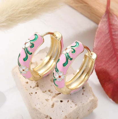 New Fashionable Colorful Round Earrings Retro Metal Enamel Floral Ear Accessories Unique Party Jewelry Gift for Women