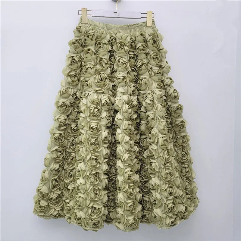 Skirt for Women 2025 Summer Versatile Three Dimensional Flower Mid-calf Skirt High Waist Big Swing Fashion A-line Long Skirts