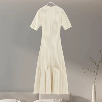 Elegant Knit Dress For Women White Slim O-neck Single Breasted Short Sleeve Long Dresses Female 2025 Spring Fashion Lady Robe
