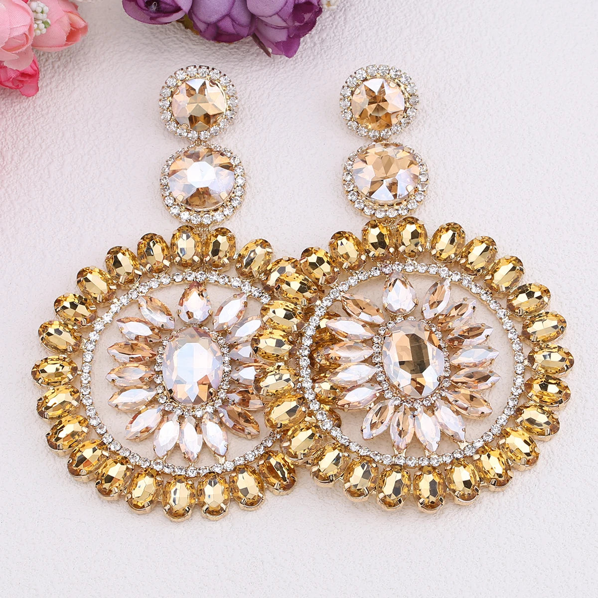 Design Large Dangle Earrings For Women Girl Luxury Elegant Metal Hollow Round Crystal Brincos Pendant Jewelry Accessories