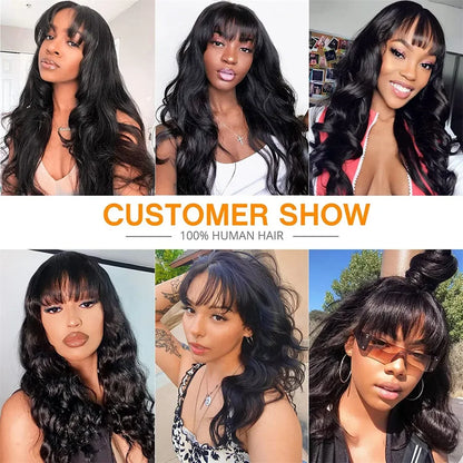 Body Wave Wig With Bangs Human Hair Ready to Go Glueless Wigs None Lace Front Wigs 180% Brazilian Virgin Hair Machine Made Wig