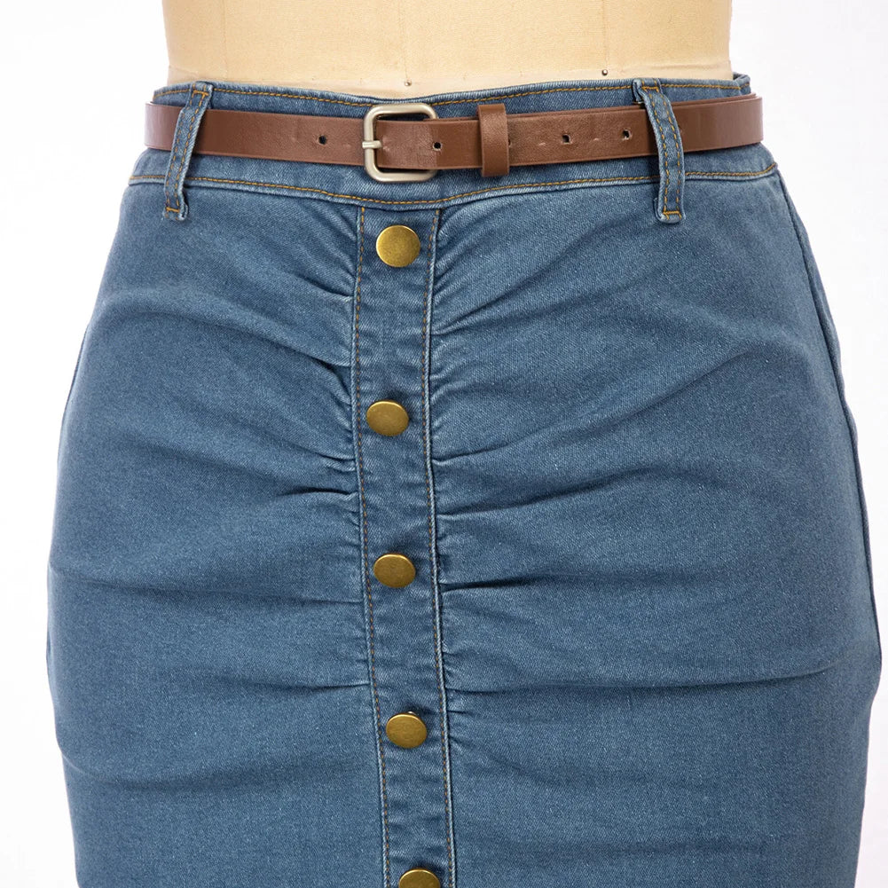 BP Women Vintage Jean Skirt With Belt High Waist Ruched Front Bodycon Skirt