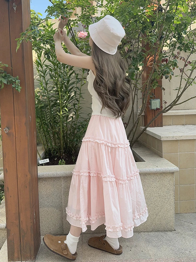 Sweet Skirts Women Summer Elastic Waist Solid Color Loose A-Line Skirt for Sweet Girls Kawaii Clothes