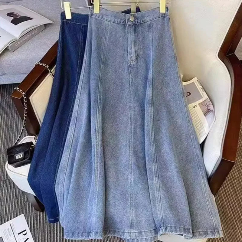 Denim Skirt For Women 2025 New High Waisted A-line Umbrella Skirt Versatile  Spring  Summer Elastic Waist Long Jean Skirt