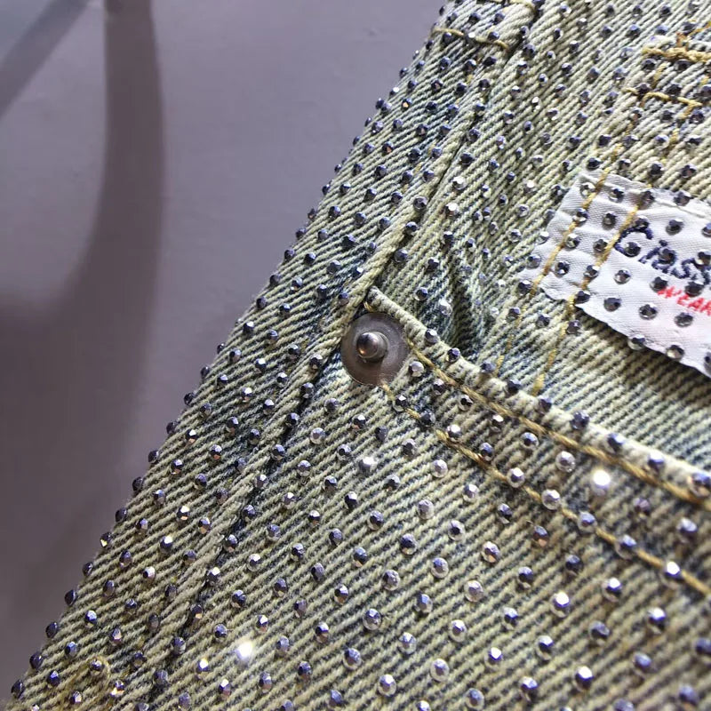 European Jeans, 2025 Spring Clothing New Heavy Industry Full Body Hot Diamond High Waist Skinny Wide Leg Straight Jeans Women