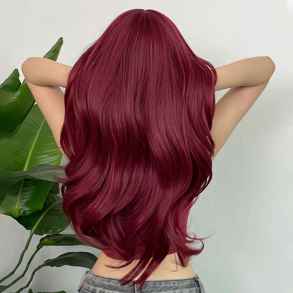 HENRY MARGU Burgundy Long Wavy Wigs Wine Red Wig with Bangs for Women Daily Synthetic Hair Cosplay Wig Heat Resistant Fiber