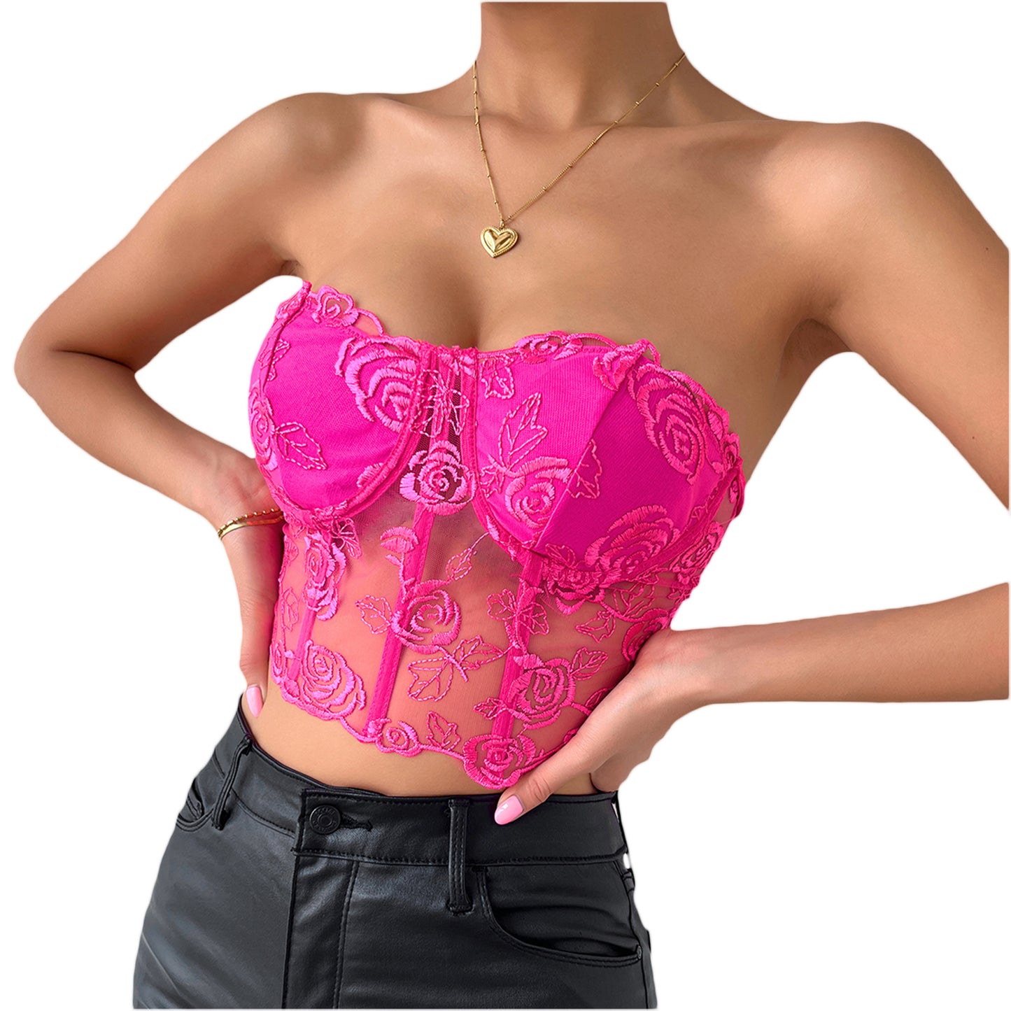 Newest Arrival Women Bustier Tube Tops Embroidery Flower See Through Off Shoulder Tank Tops for Daily Club Party