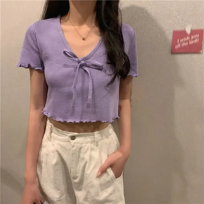 Tops Woman Short Sleeve T Shirt for Women V Neck New in Knitwears Plain Sexy Crop Korean Fashion Reviews Clothes Many Polyester