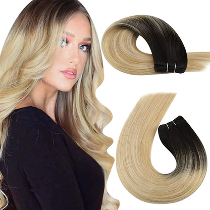 Moresoo Human Hair Bundles Weave in Double Wefted Machine Remy Hair Balayage Hair Pieces for Women Straight Weft Hair Extension