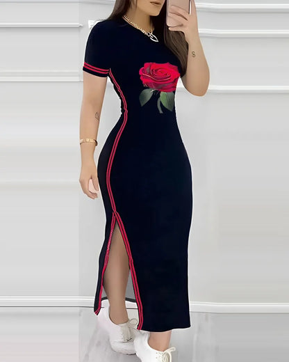 Womens Dresses Spring Fashion Striped High Slit Casual 0-Neck Short Sleeve Daily Skinny Maxi A-Line Dress Woman Clothing