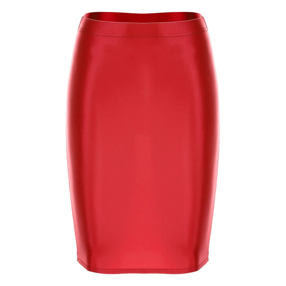 Mini Skirts Skirt For Women Autumn Bodycon Clubwear Glossy Shiny Stretchy Summer Tight Fitting High Waist Knee-length