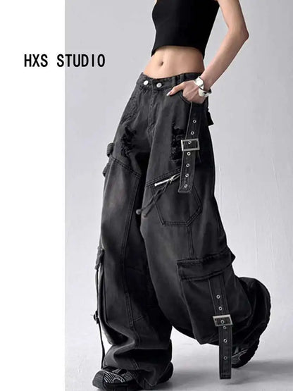 Women Jeans Design Deconstructes Drifting Strips Broken Holes Black Jeans For Women 2025 Spring New Multi Pocket Wide Leg Pants
