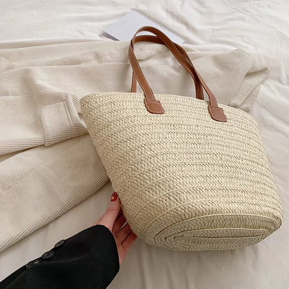 Women Braided Basket Clutches Top-handle Bag Large Straw Portable Shoulder Bag Summer Beach Party Purses Shopper Satchel Female