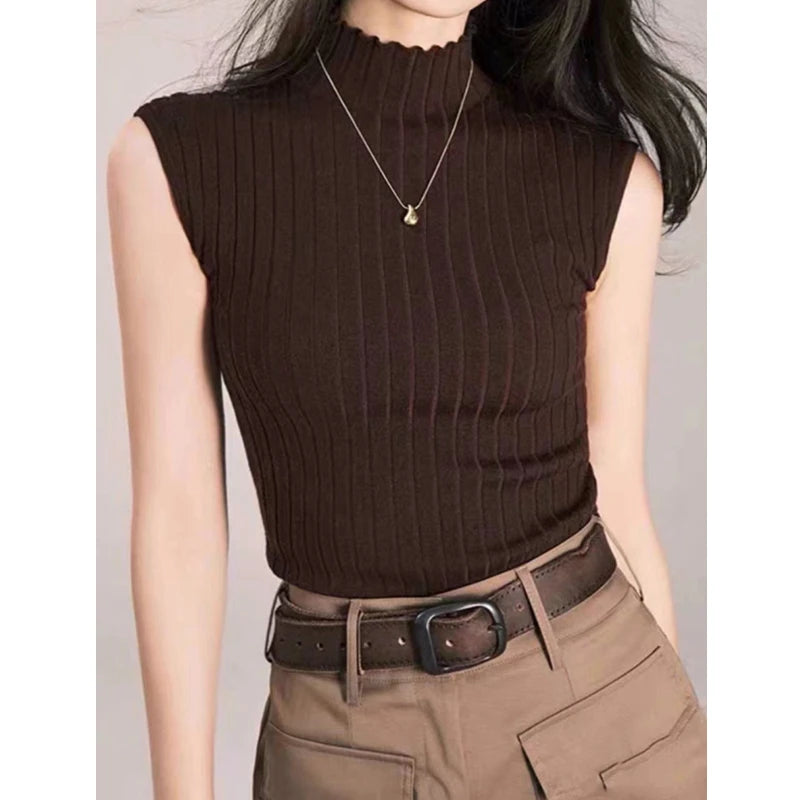 Black Tank Tops Women Sleeveless Knitted T-Shirts Crop Tops Female Elastic Slim Vests Casual 2025 Summer Spring Pullover Camis