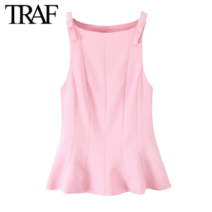 TRAF Top for Women Fashion Summer Short Skirt Hem Bow Sleeveless O-neck Blouse Street Clothing Vest Tank Chic Ladies Tops Mujer