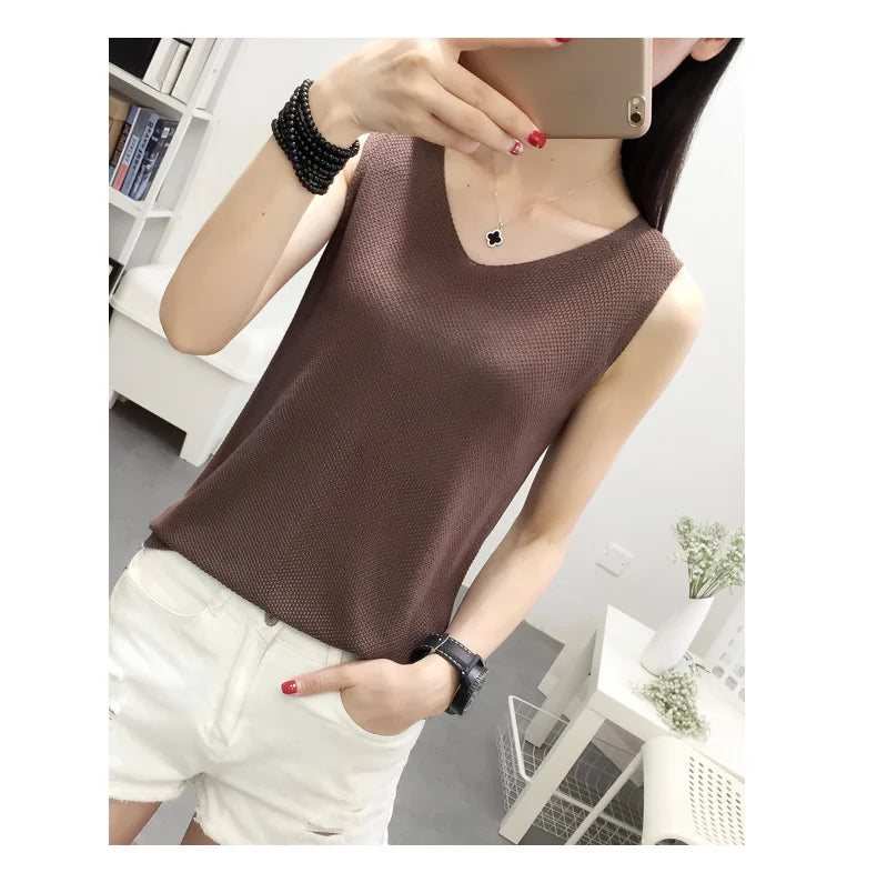 Top women Summer V Neck Hollow Knitted Vest Sleeveless Casual Tank Blusas Tops Sheer Mesh Patchwork T Shirt Bottom Camisole 2019
