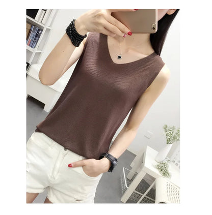 Top women Summer V Neck Hollow Knitted Vest Sleeveless Casual Tank Blusas Tops Sheer Mesh Patchwork T Shirt Bottom Camisole 2019