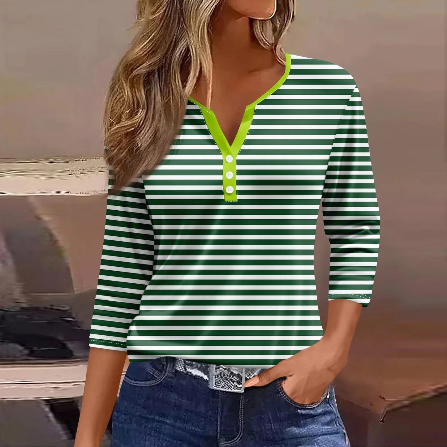 Tops For Women Women'S T Shirt Tee Print Button 3/4 Sleeve Daily Weekend Fashion Basic V Neck Regular Top Ropa De Mujer New