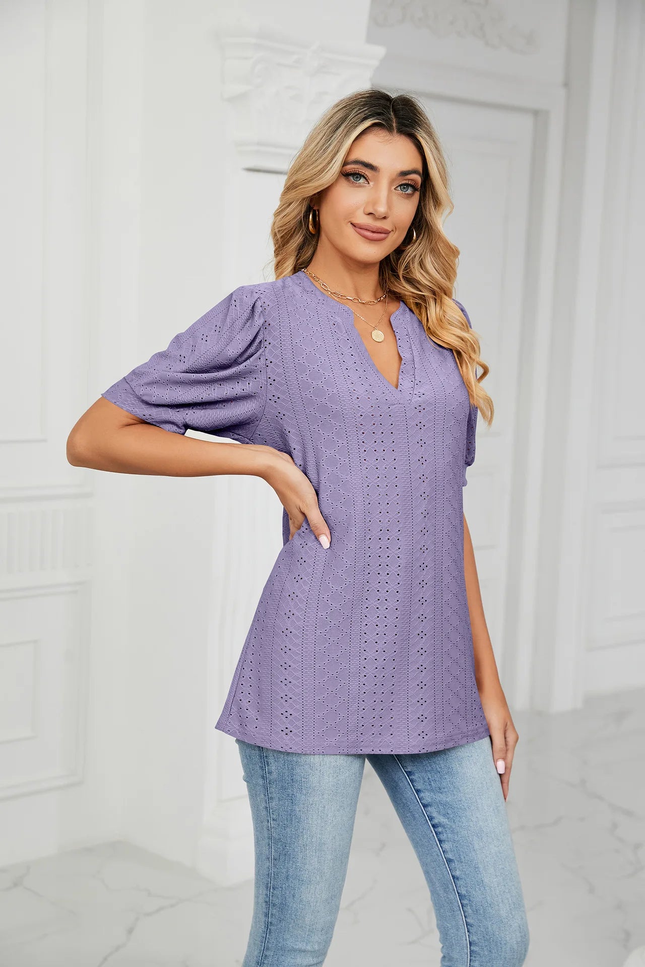 Womens Tops V Neck Ruffle Sleeve Blouses Short Sleeve Casual Tops T-Shirts for Women Autumn Winter