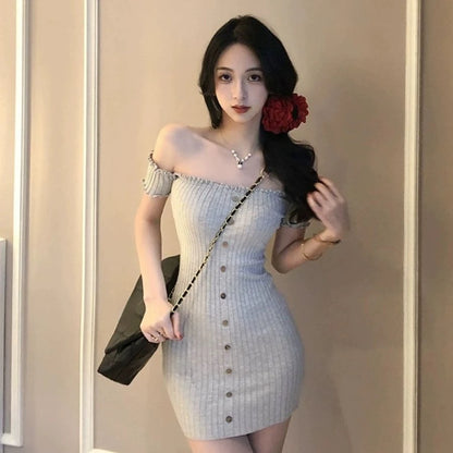 Woman Dress for Women 2025 Vestidos De Mujer Fashion Slash Neck Tunic Robe Femme Ruffles Bodycon Knitted Button Summer Dresses