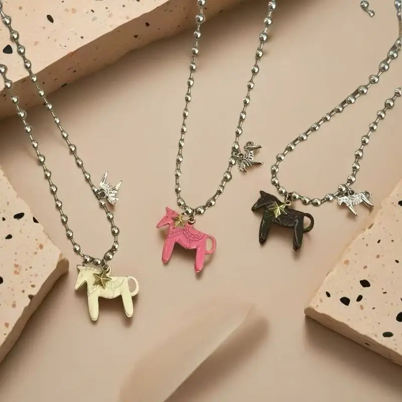 LATS White Black Green Blue Pink Color Enamel Colt Horse Pendant Necklaces for Women Silver Plated Alloy Beads Chain Chokers