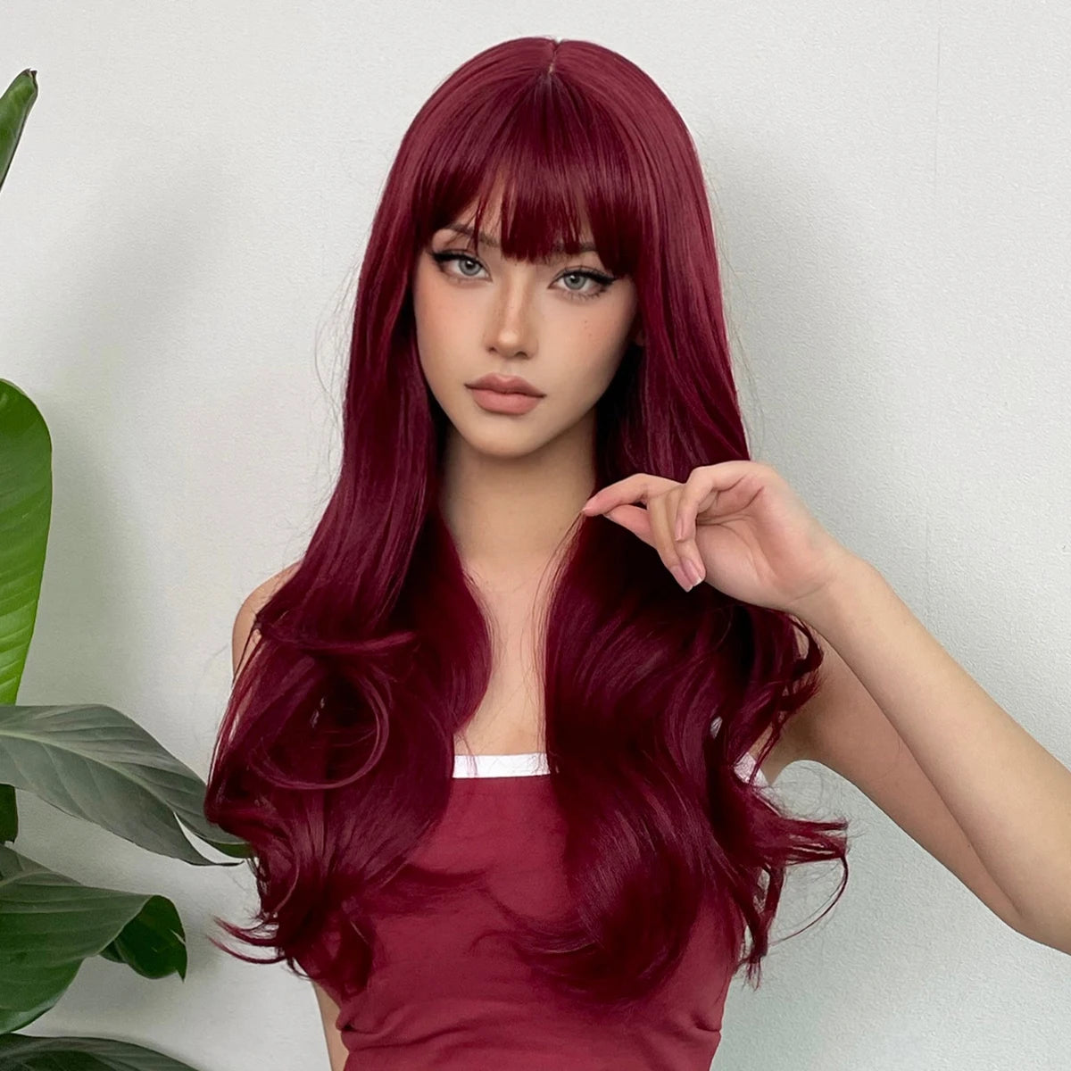 HENRY MARGU Burgundy Long Wavy Wigs Wine Red Wig with Bangs for Women Daily Synthetic Hair Cosplay Wig Heat Resistant Fiber