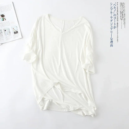 Fashion Tops Tees 2025 Summer T-shirt Women Half-Sleeve Solid Loose Shirt V-neck Oversize Basic Top Shirts for Women Casual