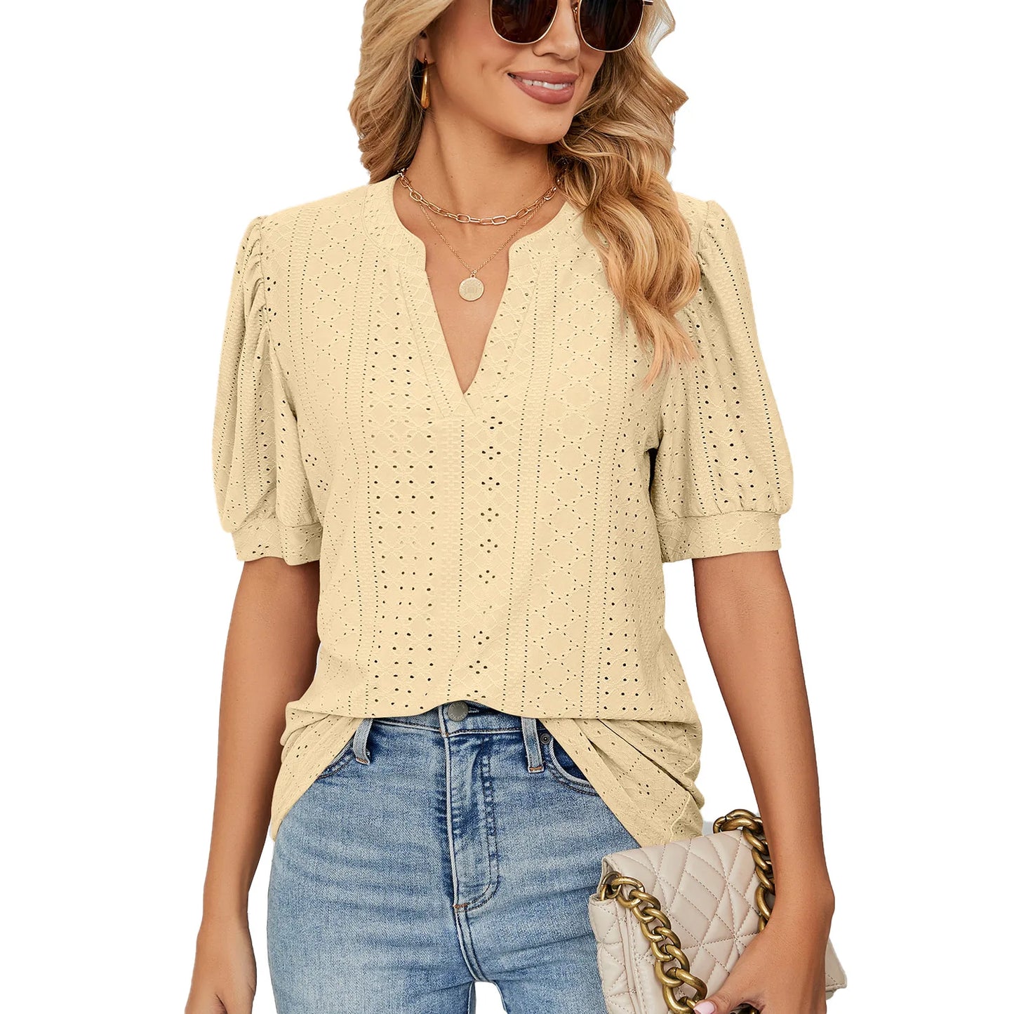 Womens Tops V Neck Ruffle Sleeve Blouses Short Sleeve Casual Tops T-Shirts for Women Autumn Winter
