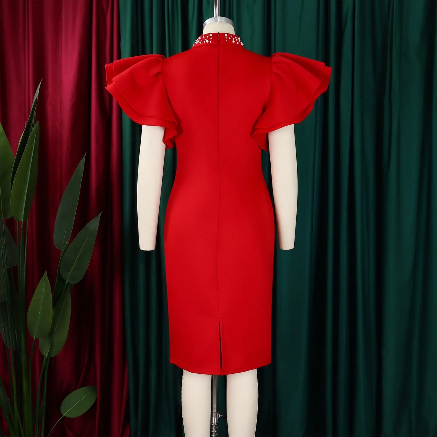 Elegant Dresses for Women O Neck Ruffles Sleeve Beaded Sheath Package Hips Mid Calf Luxury Birthday Party Dinner Vestidos Mujer