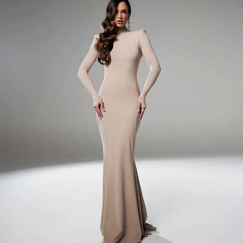 Women's Dresses Autumn Winter New Sexy Solid Backless Elegant Dress Streetwear Fashion Casual Slim Turtleneck Long Sleeves Dress